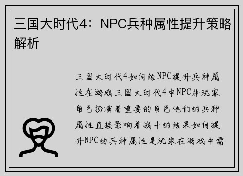 三国大时代4：NPC兵种属性提升策略解析
