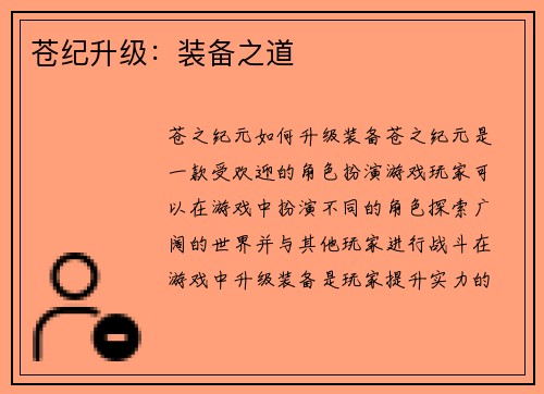 苍纪升级:装备之道