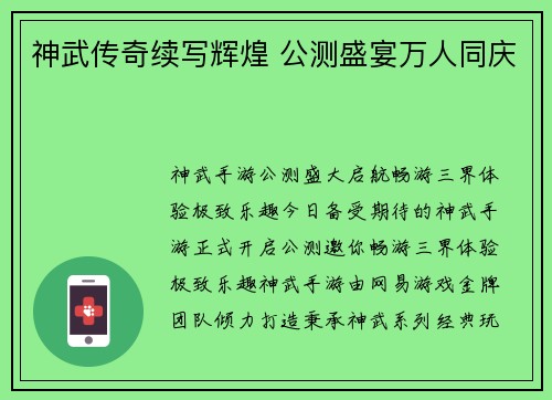 神武传奇续写辉煌 公测盛宴万人同庆